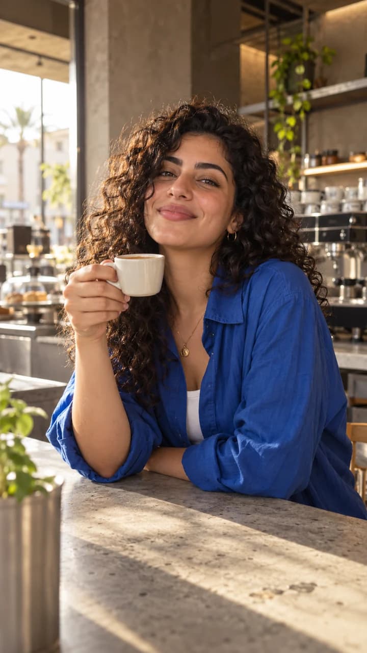 Illustrative fictional creator holding a coffee cup in a Cairo café