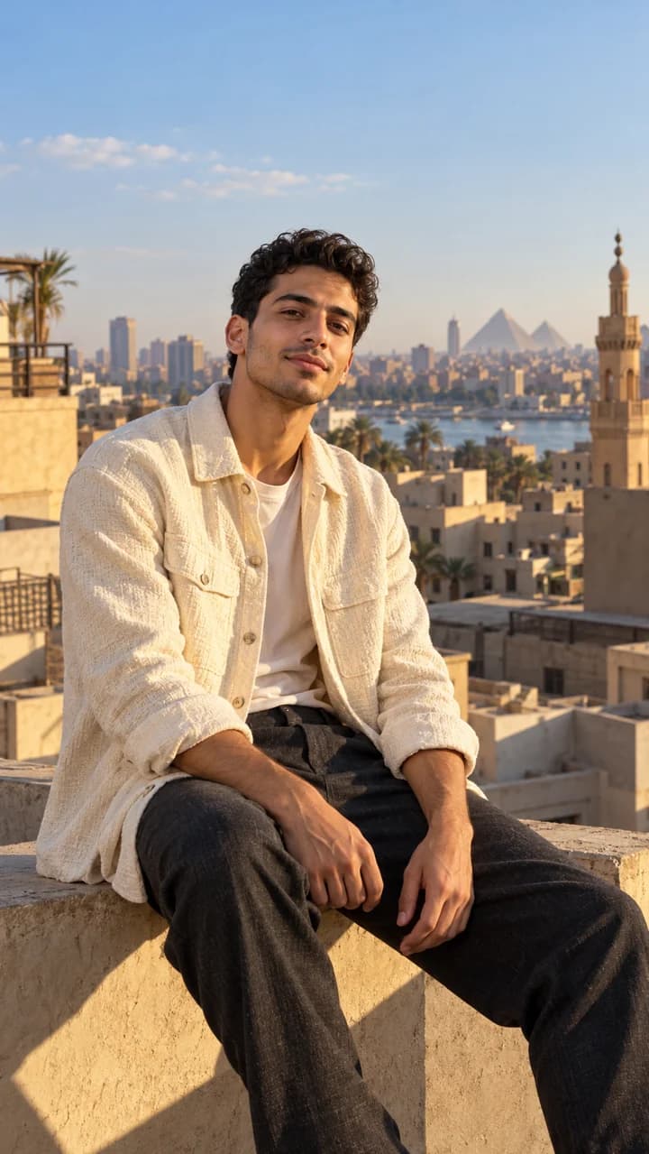 Illustrative fictional fashion creator on a Cairo rooftop