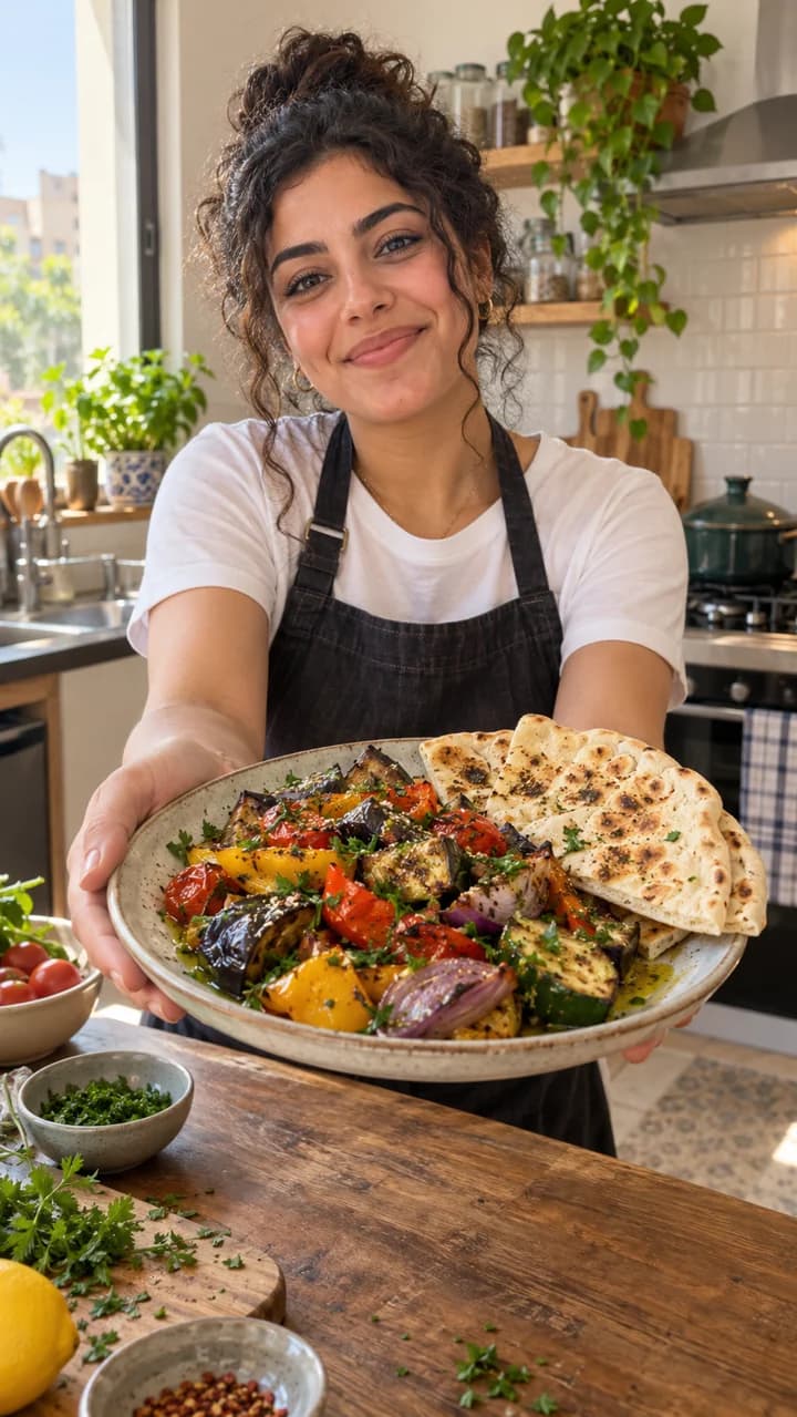 Illustrative fictional food creator presenting a meal in a kitchen